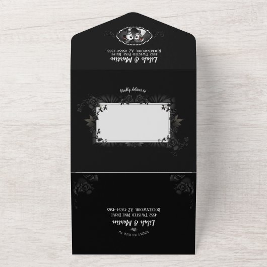 Elegant Gothic Wedding Skeletons Black & White All In One Uitnodiging (Buitenkant)