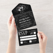 Elegant Gothic Wedding Skeletons Black & White All In One Uitnodiging (Afscheurbaar)