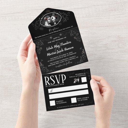 Elegant Gothic Wedding Skeletons Black & White All In One Uitnodiging (Afscheurbaar)