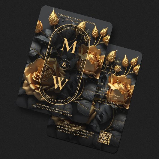 Elegant Gothic Zwart Goud Roos Boho Lux Bruiloft Kaart
