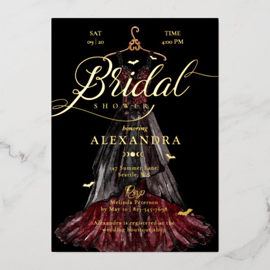 Elegant Gothic Zwart Trouwjurk Vrijgezellenfeest Folie Uitnodiging (Voorkant)