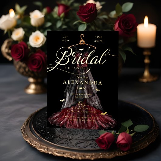 Elegant Gothic Zwart Trouwjurk Vrijgezellenfeest Folie Uitnodiging