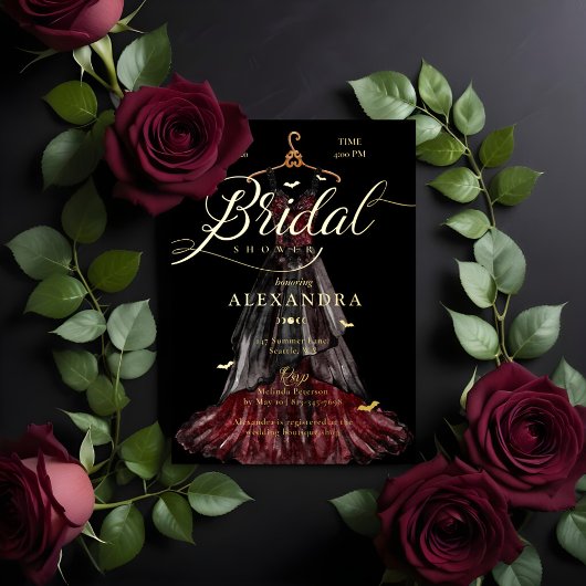 Elegant Gothic Zwart Trouwjurk Vrijgezellenfeest Folie Uitnodiging