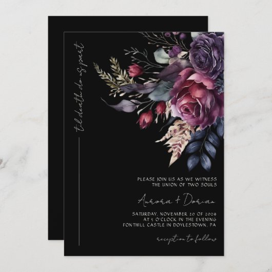 Elegant Gothic Zwart Waterverf Bloemen Bruiloft Kaart (Voorkant / Achterkant)