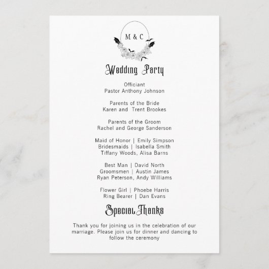 Elegant Gotisch Bloemen Huwelijksprogramma Programmakaart (Achterkant)