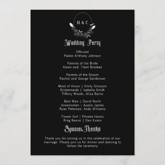 Elegant Gotisch Bloemen Zwart Huwelijksprogramma Programmakaart (Achterkant)
