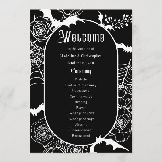 Elegant Gotisch Bloemen Zwart Huwelijksprogramma Programmakaart (Voorkant)