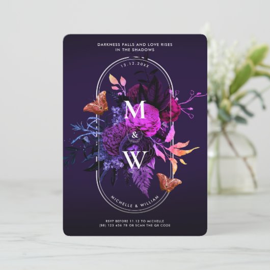 Elegant Gotisch Bruiloft Boho Donker Paarse Botani Kaart (Staand voorkant)