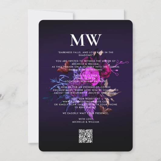 Elegant Gotisch Bruiloft Boho Donker Paarse Botani Kaart (Achterkant)