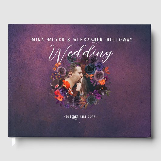 Elegant Gotisch Donker Bloemen Paarse Foto Bruilof Gastenboek (Voorkant)