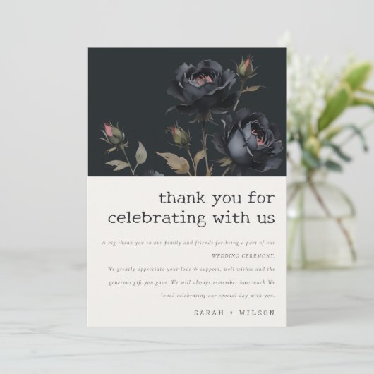 Elegant Gotisch Donker Waterverf Zwart Roos Bruilo Bedankkaart (Staand voorkant)