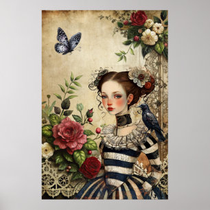 Elegant Gotisch Meisje & Raven in Roos Garden Poster