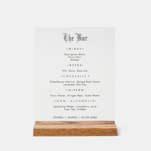 Elegant Gotisch Oud Engels Stijl Bruiloft Bar Menu Acryl Bord (Voorkant)