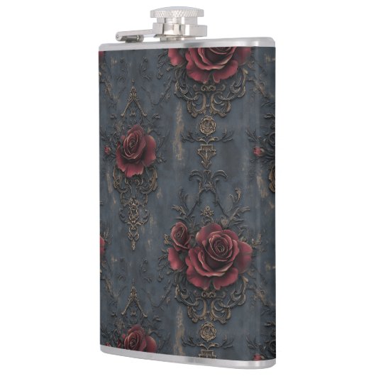 Elegant  gotisch patroon met rode rozen heupfles (Links)