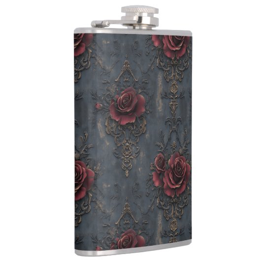 Elegant  gotisch patroon met rode rozen heupfles (Rechts)