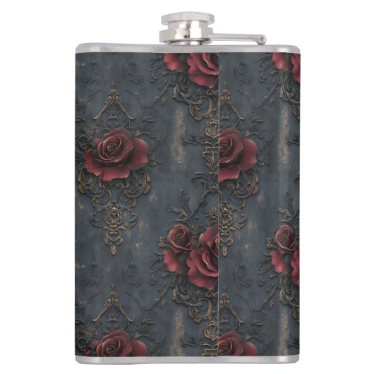 Elegant  gotisch patroon met rode rozen heupfles (Achterkant)