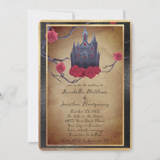Elegant gotisch prinsessenkasteel en rode rozen kaart (Voorkant)