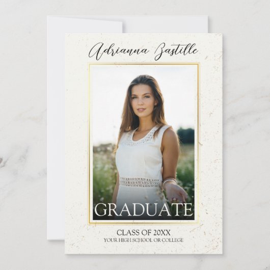 Elegant goud 3 foto kalligrafie afstudeerfeest kaart (Voorkant)