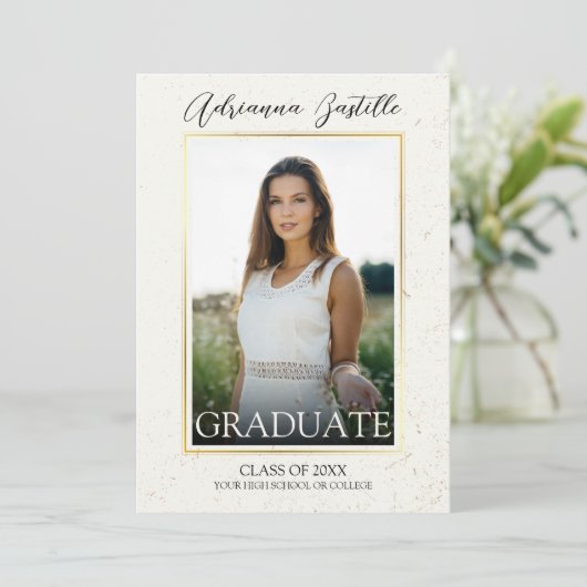 Elegant goud 3 foto kalligrafie afstudeerfeest kaart (Staand voorkant)