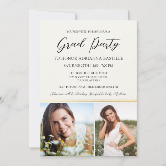 Elegant goud 3 foto kalligrafie afstudeerfeest kaart (Achterkant)
