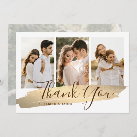 Elegant Goud 4 Foto Trouwen Dank u kaart (Voorkant / Achterkant)