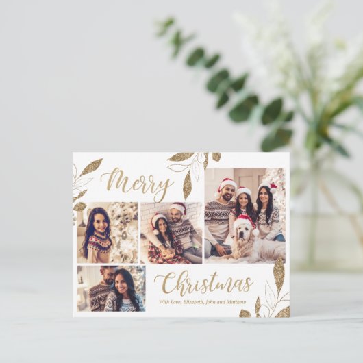 Elegant Goud 4 Fotocollage Botanische Kerstmis Briefkaart (Staand voorkant)