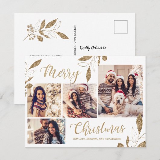 Elegant Goud 4 Fotocollage Botanische Kerstmis Briefkaart (Voorkant / Achterkant)