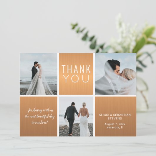 Elegant goud 4 fotocollage moderne bruiloft bedankkaart (Staand voorkant)