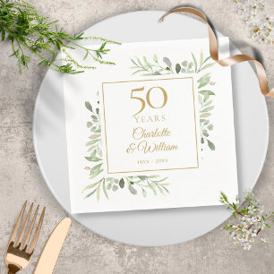 Elegant Goud 50ste Verjaardag Groene Gebloemde Servet