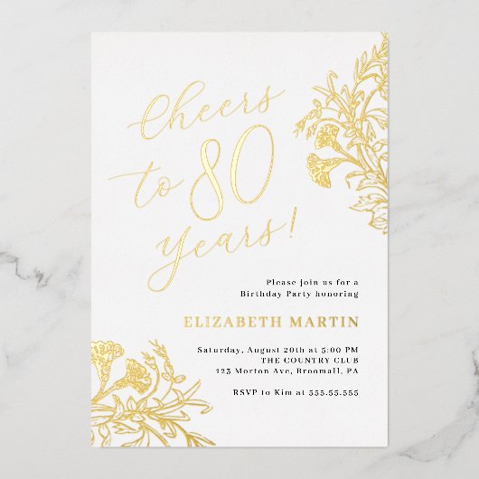 Elegant Goud 80e Verjaardag Folie Uitnodiging (Voorkant)