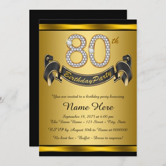 Elegant Goud 80e Verjaardagsfeest Kaart (Voorkant / Achterkant)