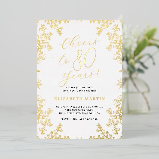 Elegant Goud 80ste Verjaardag Folie Uitnodiging (Staand Voorkant)