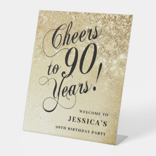 Elegant Goud 90ste Verjaardag Reclamebord Met Voetstuk