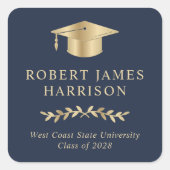 Elegant Goud Afstudeerder Pet Blauw Afstuderen Vierkante Sticker (Voorkant)