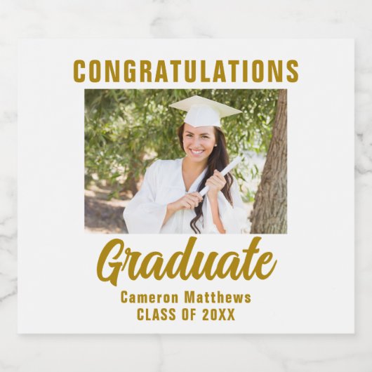 Elegant Goud Afstuderen Foto Custom Afstuderen Sparkling Wijnetiket (Enkel label)