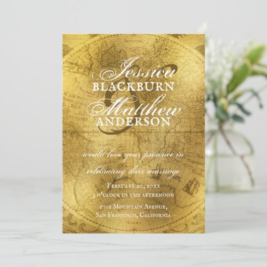 Elegant Goud Antiek Oude Wereldkaart Bruiloft Kaart (Staand voorkant)