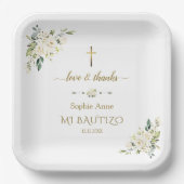 Elegant Goud Aquarel Witte Bloemen Doop Papieren Bordje (Voorkant)