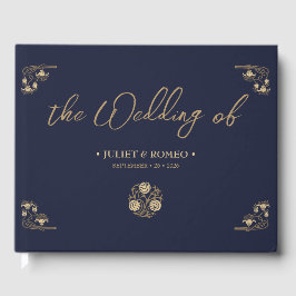 Elegant goud Art Deco & kalligrafie blauw, bruilof Gastenboek