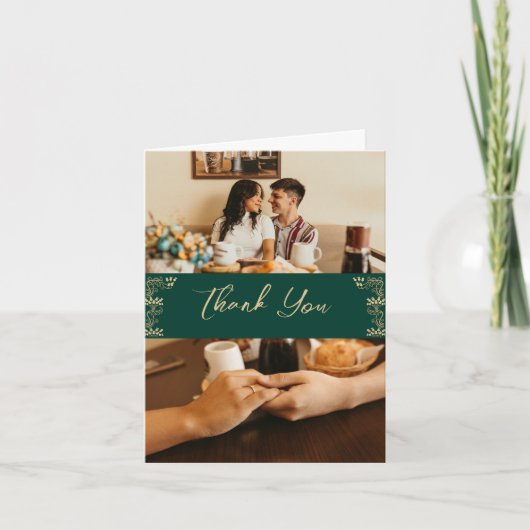 Elegant goud Art Deco op groen, 2 foto's bruiloft Bedankkaart (Voorkant)