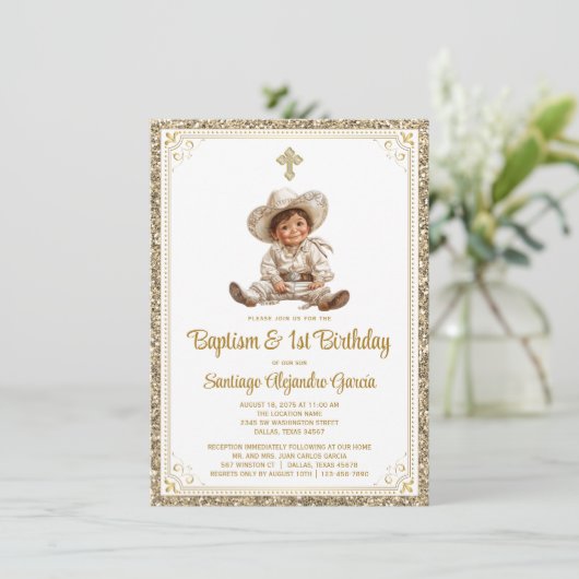 Elegant Goud Baby Charro Doop & Verjaardag Kaart (Staand voorkant)