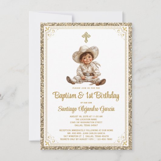 Elegant Goud Baby Charro Doop & Verjaardag Kaart (Voorkant)