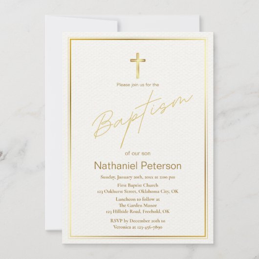Elegant Goud Baby Jongen Doop Uitnodiging (Voorkant)