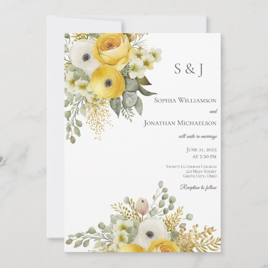 Elegant Goud & Beige Bloemen Bruiloft Uitnodiging (Voorkant)