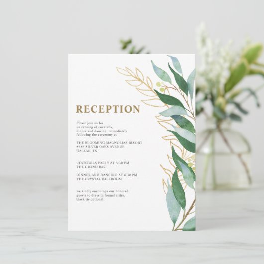 Elegant Goud Blad Blad Blad Groen Bruiloft Recepti Informatiekaartje (Staand voorkant)