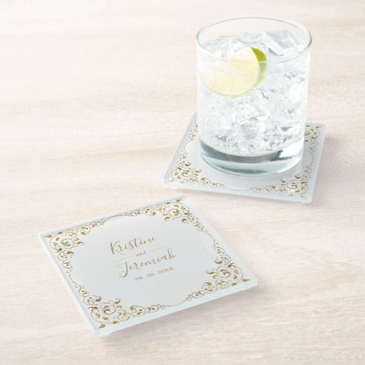 Elegant Goud Blad Script Naam Bruiloft Glazen Onderzetter (Schuin)