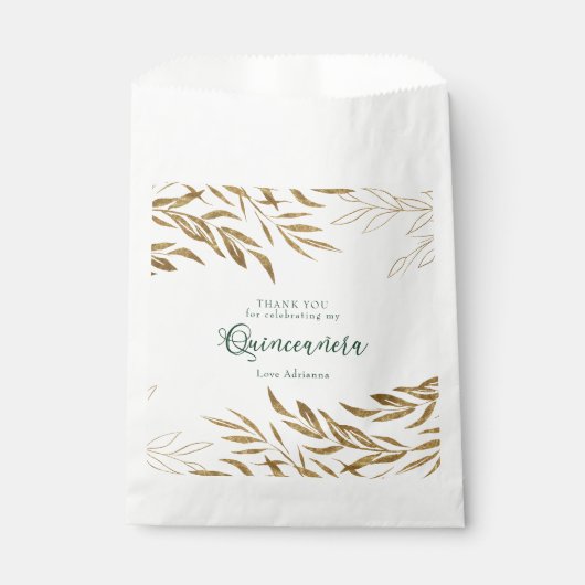 Elegant Goud Blad Smaragd Groen Quinceanera Bedankzakje (Voorkant)