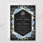 Elegant Goud Bladeren Blauw Bloemen Moslim Bruilof Kaart (Voorkant)