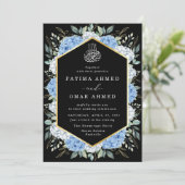 Elegant Goud Bladeren Blauw Bloemen Moslim Bruilof Kaart (Staand voorkant)