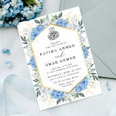 Elegant Goud Bladeren Blauw Bloemen Moslim Bruilof Kaart
