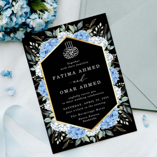 Elegant Goud Bladeren Blauw Bloemen Moslim Bruilof Kaart